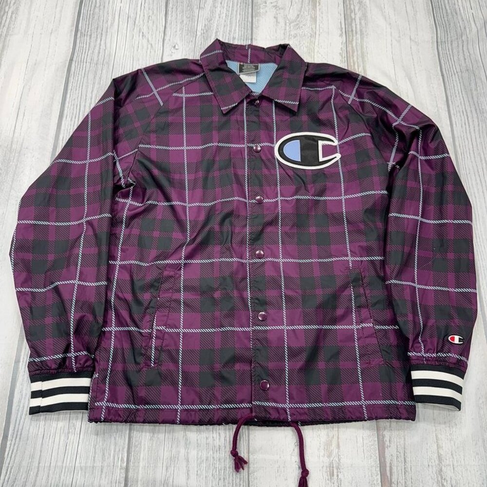 Champion Lightweight BIG C Snap Jacket M Medium Plaid Purple Streetwear Mens